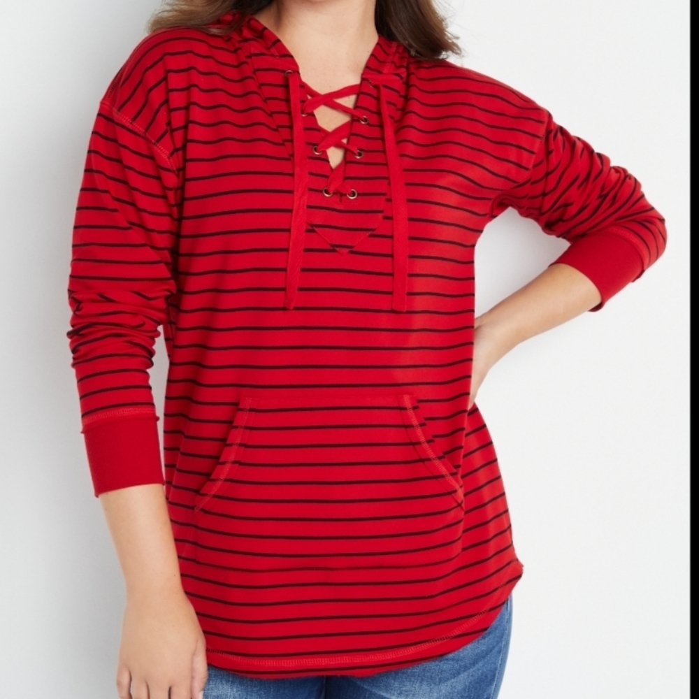 Maurices Casual Vibrant Red Striped Lace up hooded sweater XXL